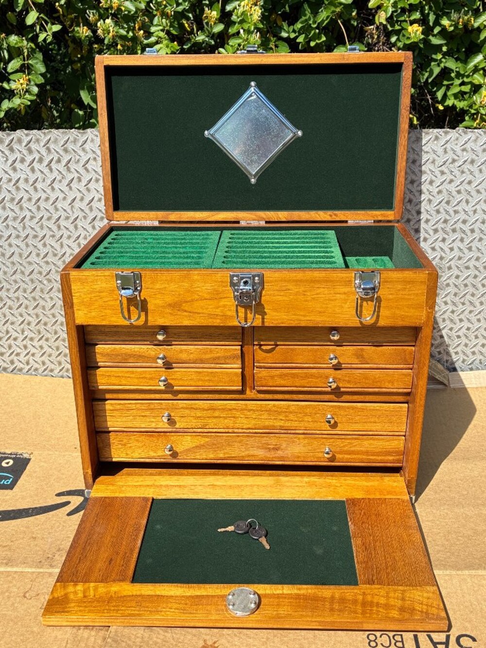 8 Drawer Hard Wood Tool Chest Storage Box Cabinet Felt Lined Machinists Chest